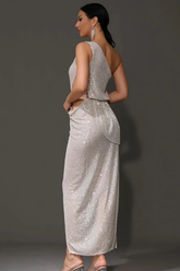 One Shoulder Sequins Cut Out Split Maxi Dress